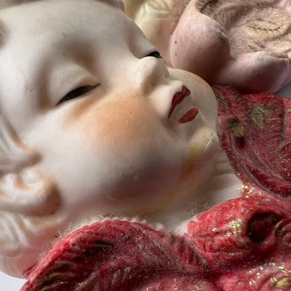 Two Vintage Christmas Cherub Angel Ornament Bisque Porcelain